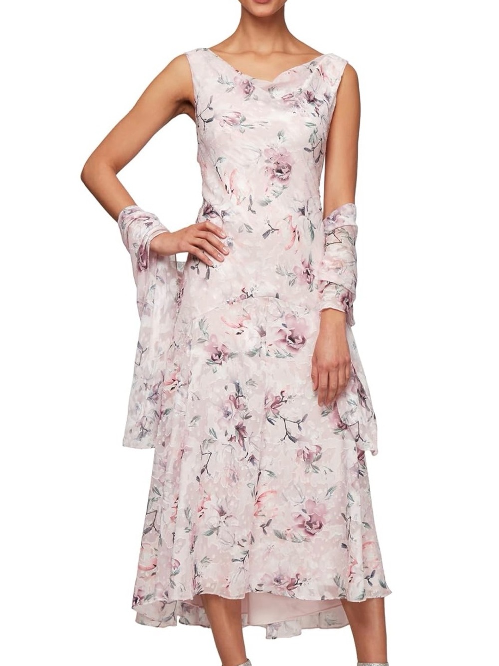 Alex Evenings Blush Floral High-Low Sleeveless Midi Dress with Sheer Shawl